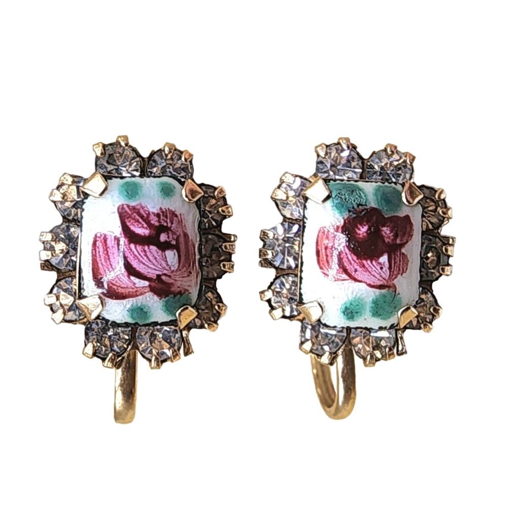 Vargas Guilloche Rose Enamel Earrings 1940s Rhinestone Screw-back Vintage Signed
